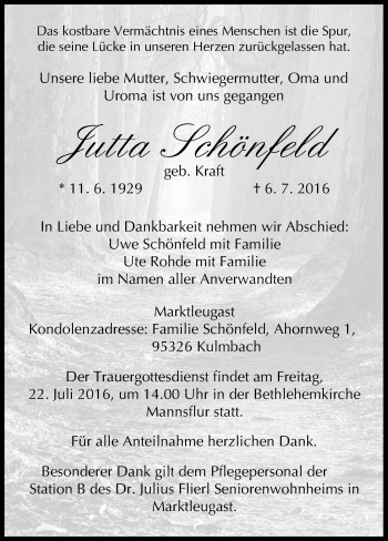 Anzeige von Jutta Schönfeld von MGO