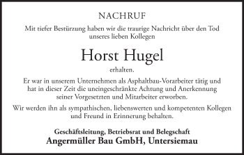 Anzeige von Horst Hugel von MGO