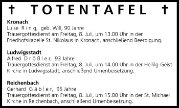 Anzeige von Totentafel vom 07.07.2016 von MGO