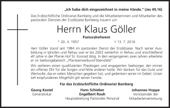 Anzeige von Klaus Göller von MGO