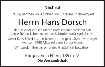 Anzeige von Hans Dorsch von MGO