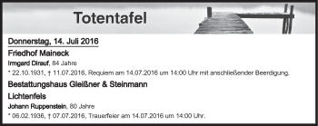 Anzeige von Totentafel vom 14.07.2016 von MGO