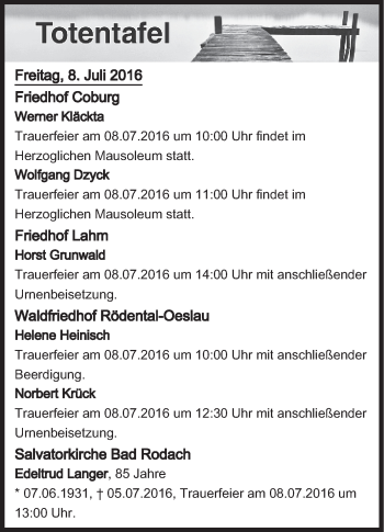 Anzeige von Totentafel vom 08.07.2016 von MGO