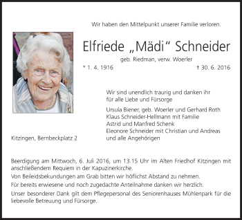 Anzeige von Elfriede Schneider von MGO