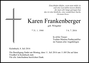Anzeige von Karen Frankenberger von MGO