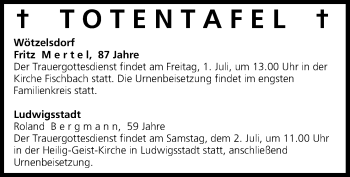 Anzeige von Totentafel vom 01.07.2016 von MGO