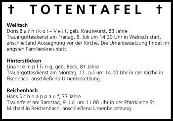 Anzeige von Totentafel vom 08.07.2016 von MGO