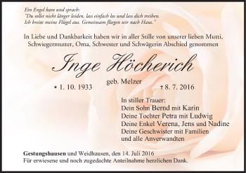 Anzeige von Inge Höcherich von MGO