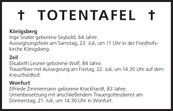 Anzeige von Totentafel vom 21.07.2016 von MGO
