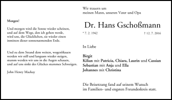 Anzeige von Hans Gschoßmann von MGO