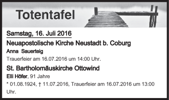 Anzeige von Totentafel vom 16.07.2016 von MGO