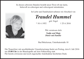 Anzeige von Traudel Hummel von MGO