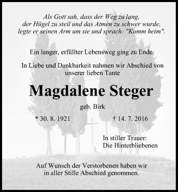 Anzeige von Magdalene Steger von MGO