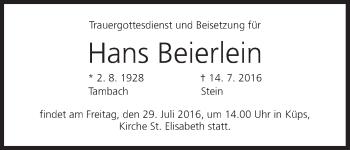 Anzeige von Hans Beierlein von MGO