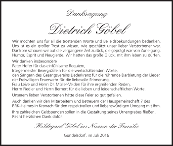 Anzeige von Dietrich Göbel von MGO