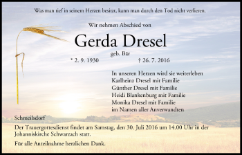 Anzeige von Gerda Dresel von MGO