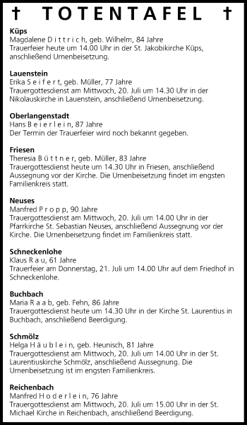 Anzeige von Totentafel vom 19.07.2016 von MGO