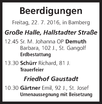 Anzeige von Beerdigungen vom 22.07.2016 von MGO