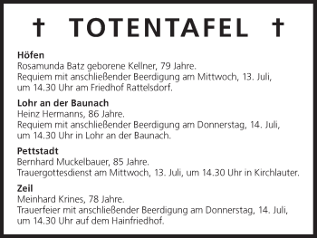 Anzeige von Totentafel vom 13.07.2016 von MGO