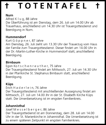 Anzeige von Totentafel vom 26.07.2016 von MGO