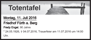 Anzeige von Totentafel vom 11.07.2016 von MGO