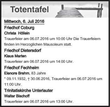 Anzeige von Totentafel vom 06.07.2016 von MGO