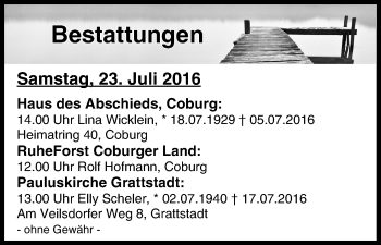 Anzeige von Bestattungen vom 23.07.2016 von MGO