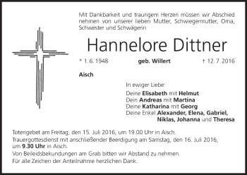 Anzeige von Hannelore Dittner von MGO