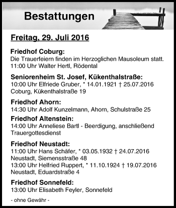 Anzeige von Bestattungen vom 29.07.2016 von MGO