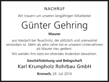 Anzeige von Günter Gehring von MGO
