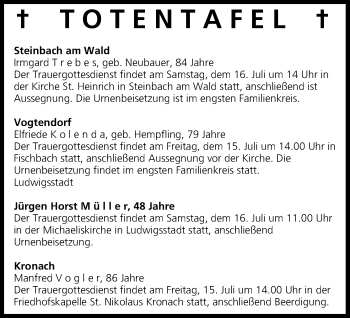 Anzeige von Totentafel vom 15.07.2016 von MGO