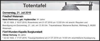Anzeige von Totentafel vom 21.07.2016 von MGO