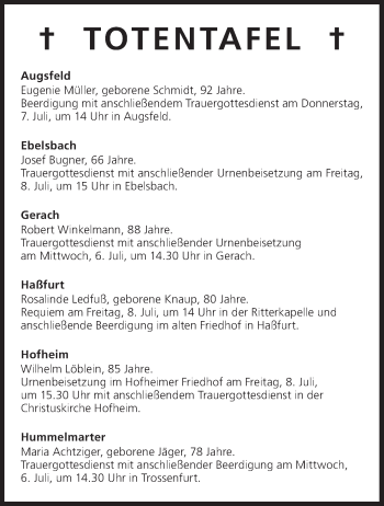 Anzeige von Totentafel vom 06.07.2016 von MGO