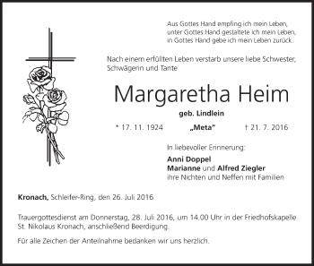Anzeige von Margaretha Heim von MGO