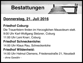 Anzeige von Beerdigungen vom 21.07.2016 von MGO