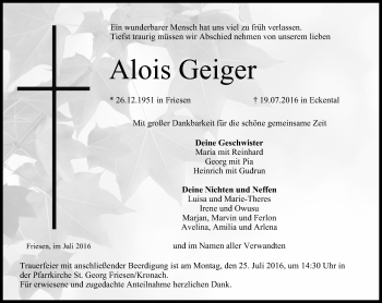 Anzeige von Alois Geiger von MGO
