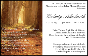 Anzeige von Hedwig Schubarth von MGO