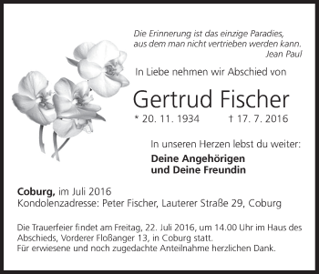 Anzeige von Gertrud Fischer von MGO