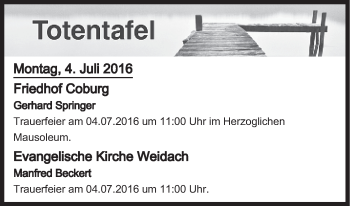 Anzeige von Totentafel vom 04.07.2016 von MGO