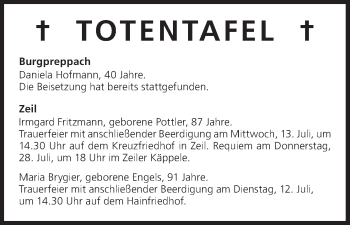 Anzeige von Totentafel vom 12.07.2016 von MGO