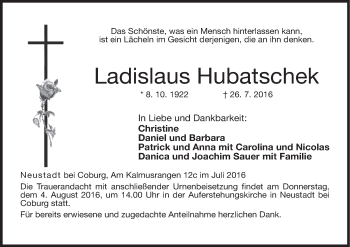 Anzeige von Ladislaus Hubatschek von MGO