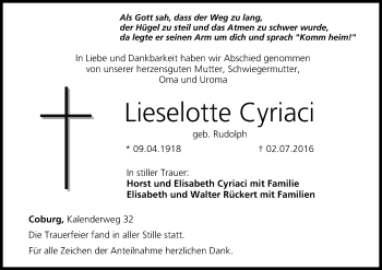 Anzeige von Lieselotte Cyriaci von MGO