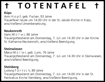 Anzeige von Totentafel vom 06.07.2016 von MGO