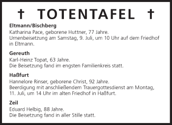 Anzeige von Totentafel vom 08.07.2016 von MGO