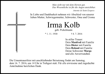 Anzeige von Irma Kolb von MGO