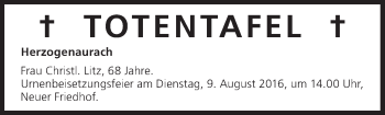 Anzeige von Totentafel vom 06.08.2016 von MGO