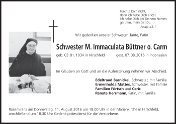 Anzeige von M. Immaculata Büttner von MGO