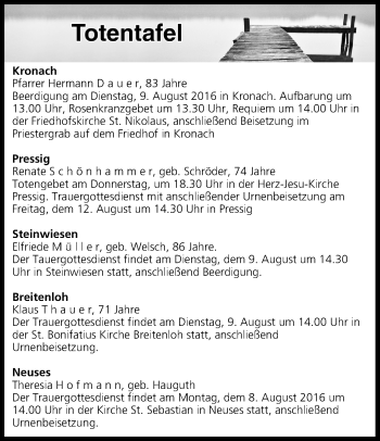 Anzeige von Totentafel vom 09.08.2016 von MGO