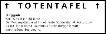 Anzeige von Totentafel vom 04.08.2016 von MGO