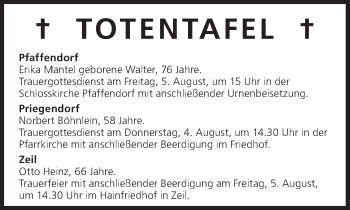 Anzeige von Totentafel vom 04.08.2016 von MGO
